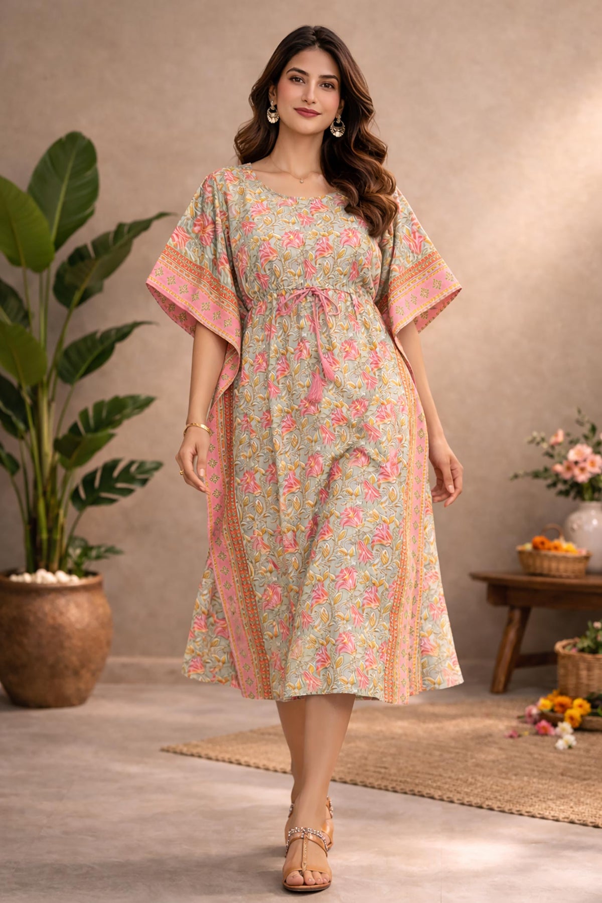 Woman wearing pastel green and pink floral cotton kaftan dress with tie-up waist, walking pose, studio background with indoor plants