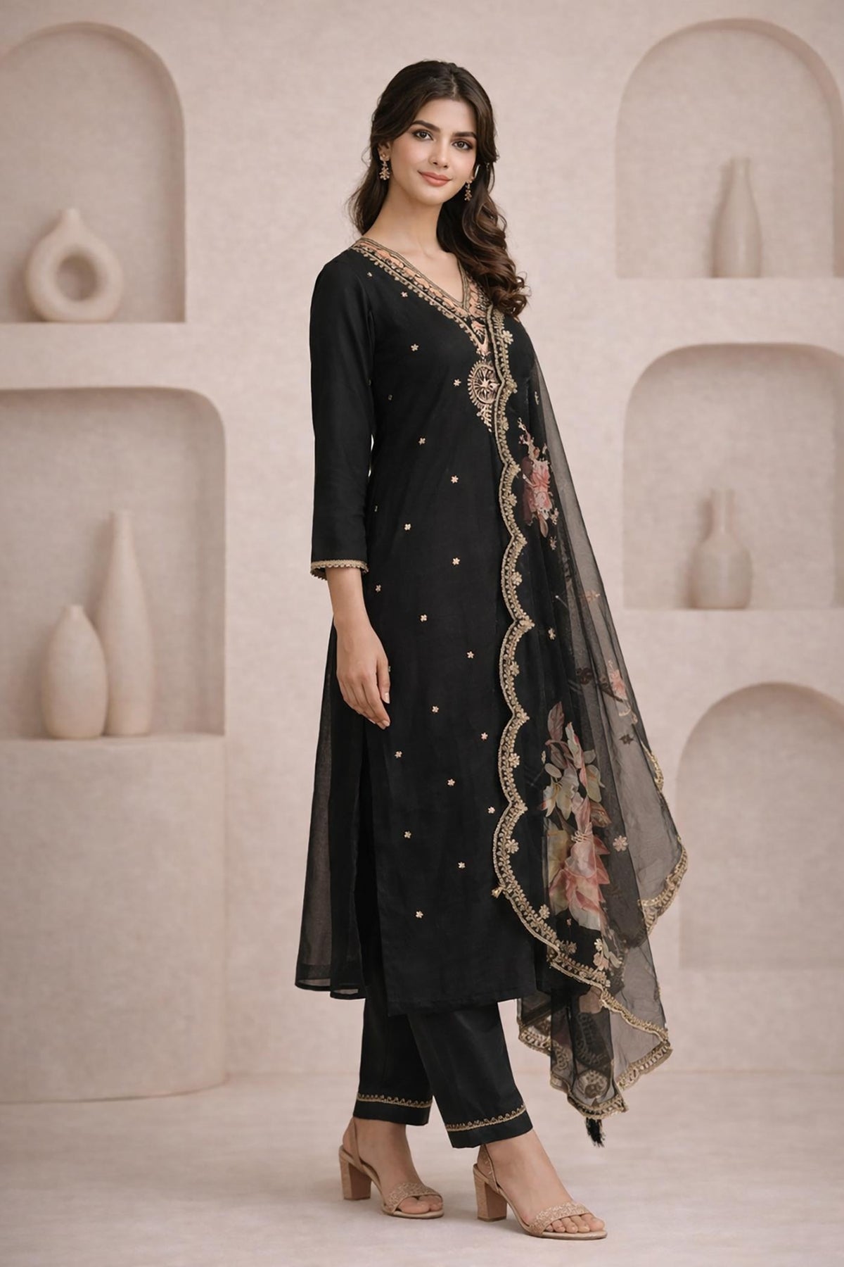 Black embroidered kurta set side angle, scalloped border detail, sheer dupatta drape, beige block heels.