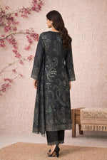 Back view of charcoal black paisley kurta set with lace border and straight-fit silhouette.