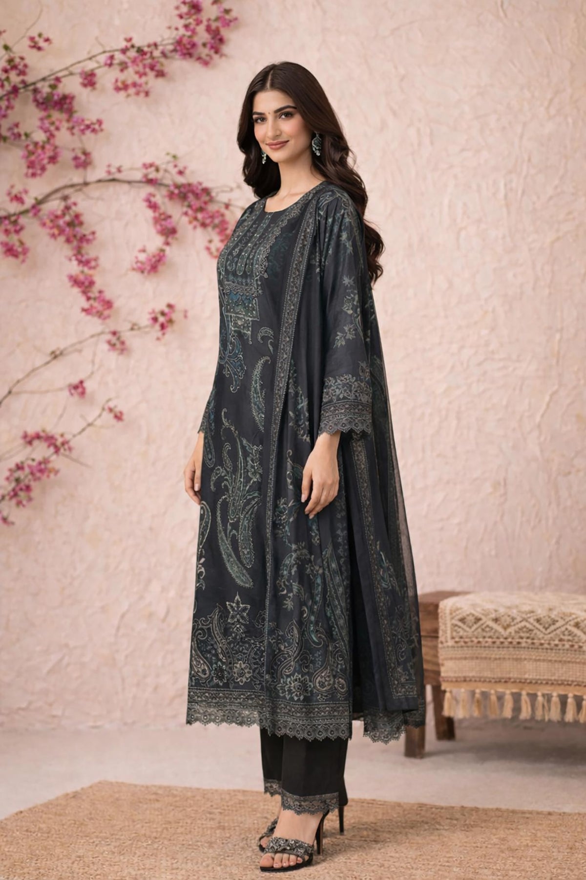 Side view of charcoal paisley kurta set showing dupatta drape and straight pants with lace trim.