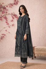 Side view of charcoal paisley kurta set showing dupatta drape and straight pants with lace trim.