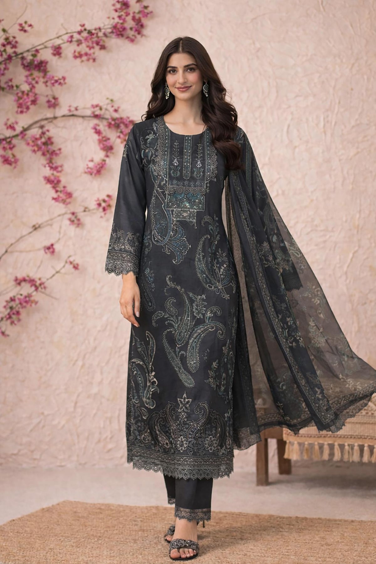 Full front view of charcoal printed kurta set with lace sleeves, straight pants, and chiffon dupatta.