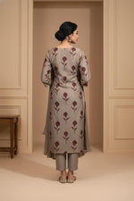 Grey silk-blend kurta set back view with vertical stripes, floral print, straight silhouette, ankle pants.