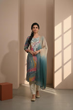 Multicolor embroidered kurta set with three-quarter sleeves, ombre dupatta and ivory pants, full front view