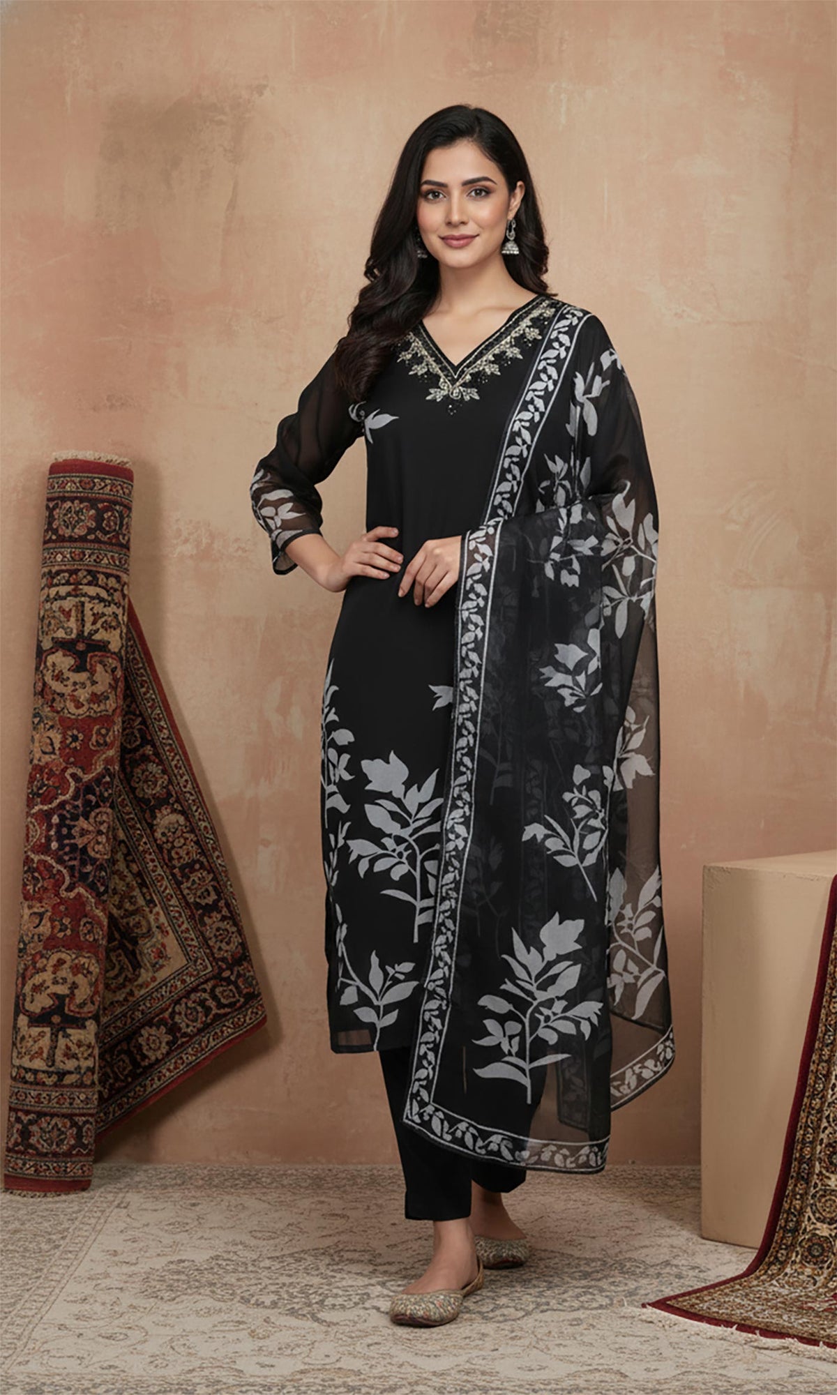 Black botanical print kurta set with embroidered V-neck, sheer sleeves, straight pants, styled with juttis.