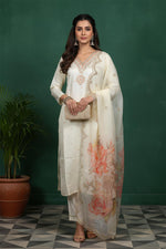 Ivory embroidered kurta set with floral organza dupatta, V-neck, straight fit, styled with heels, front view.