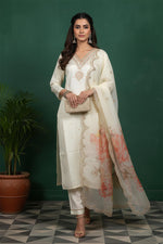 Full-length ivory silk-blend kurta set with floral dupatta, straight pants, and nude heels, front angle.
