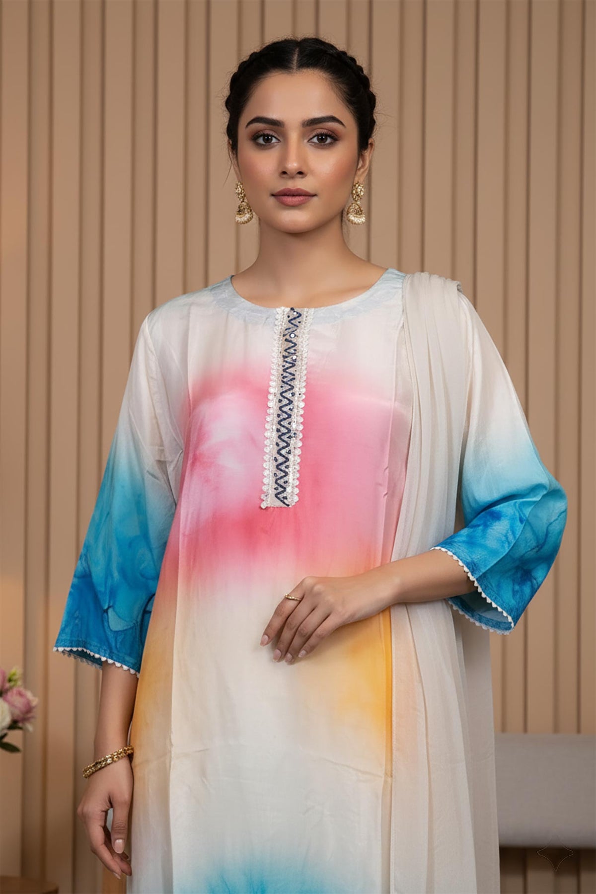 Ombre kurta round neckline with zigzag embroidered placket, blue three-quarter sleeves, pastel silk-blend fabric close-up.