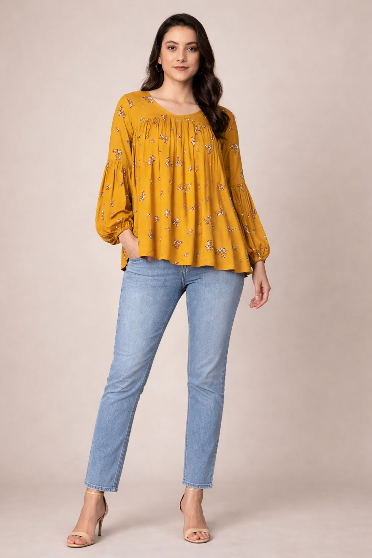 Mustard Floral Babydoll Tunic Top for Women | Flowy Peplum Blouse