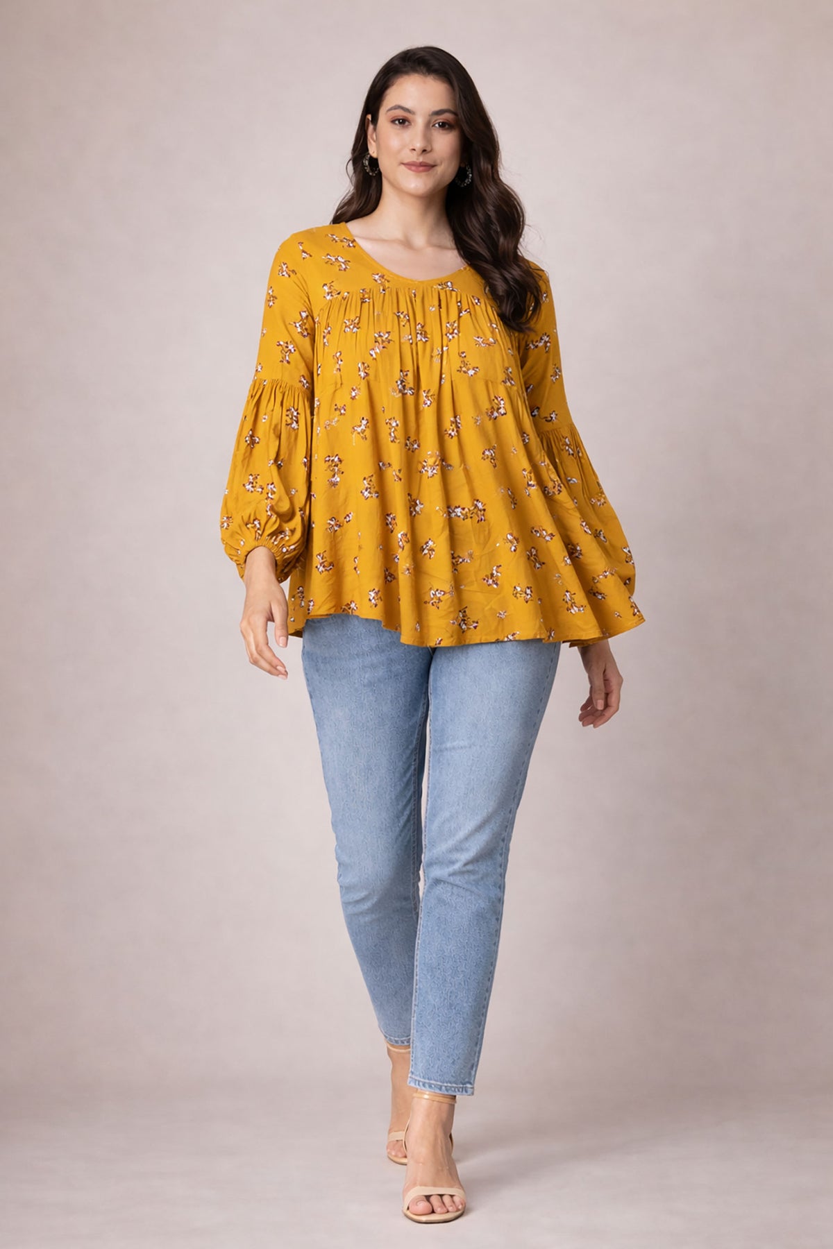 Mustard Floral Babydoll Tunic Top for Women | Flowy Peplum Blouse