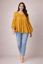 Mustard Floral Babydoll Tunic Top for Women | Flowy Peplum Blouse