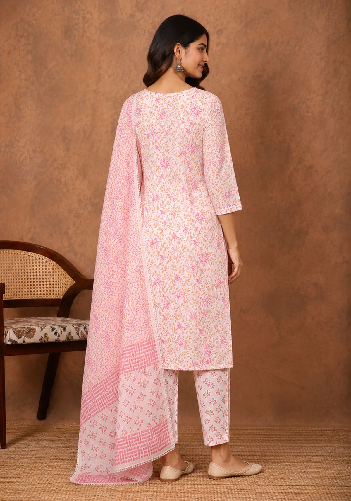 Blush Pink Floral Cotton Kurta Set with Dupatta for Women