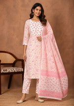 Blush Pink Floral Cotton Kurta Set with Dupatta for Women