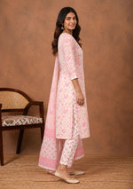 Blush Pink Floral Cotton Kurta Set with Dupatta for Women