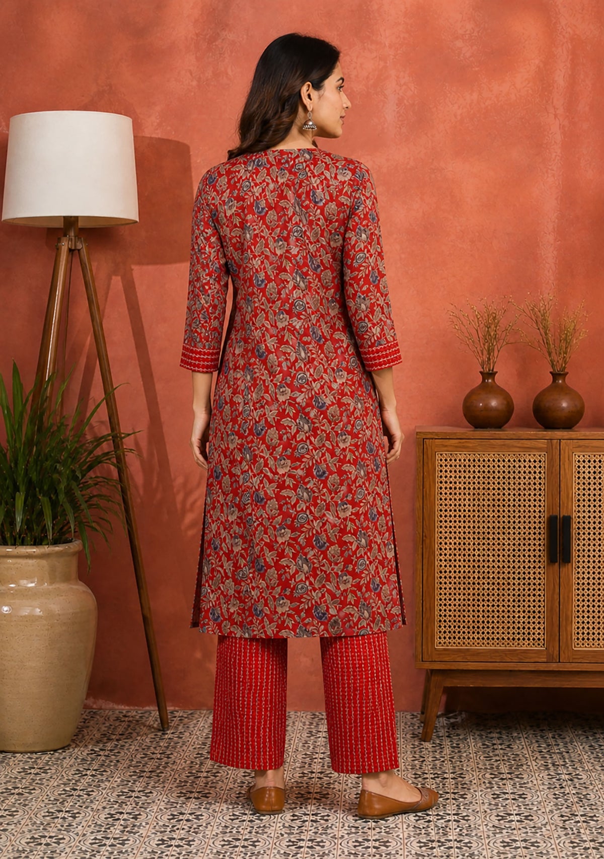 Red Floral Cotton Kurta Set for Women | Straight Kurta Pant Set