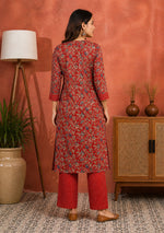 Red Floral Cotton Kurta Set for Women | Straight Kurta Pant Set