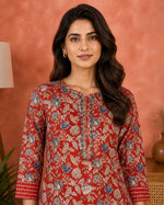 Red Floral Cotton Kurta Set for Women | Straight Kurta Pant Set