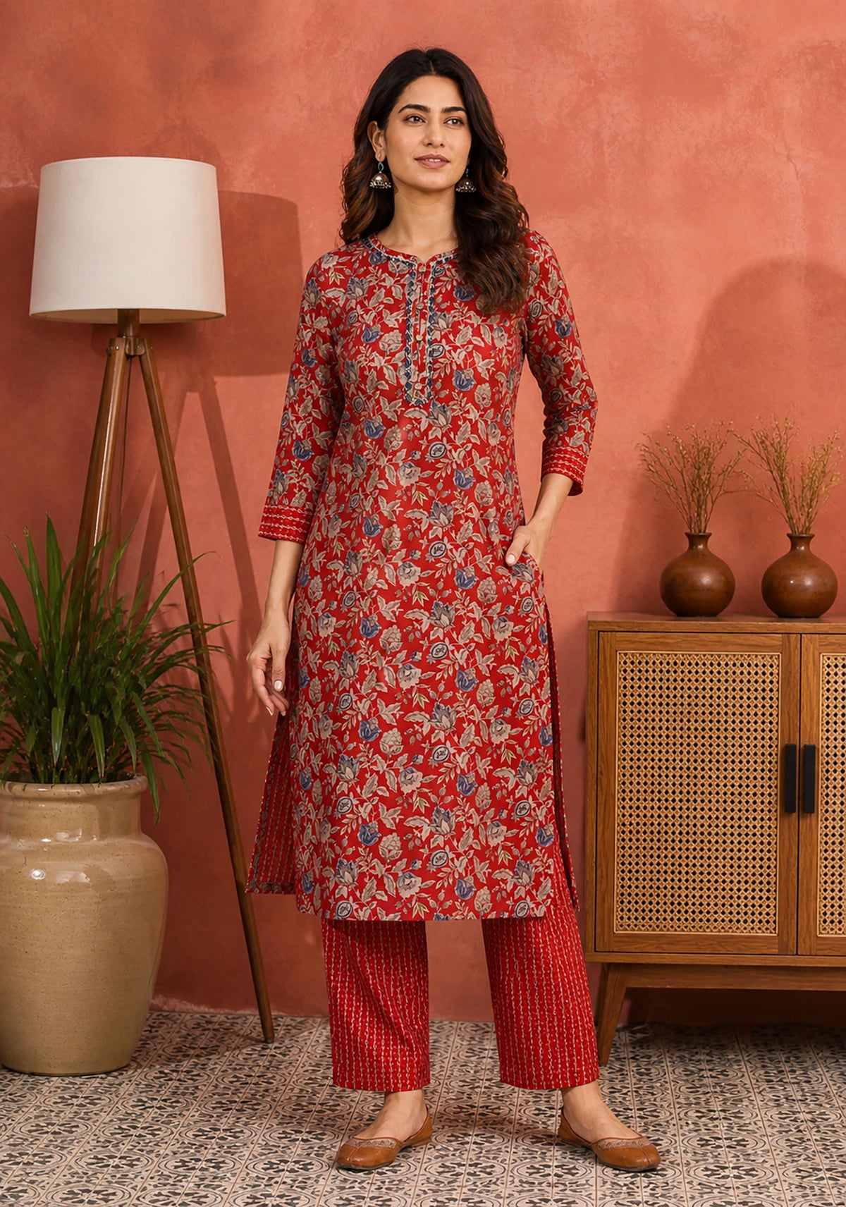 Red Floral Cotton Kurta Set for Women | Straight Kurta Pant Set