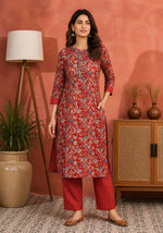 Red Floral Cotton Kurta Set for Women | Straight Kurta Pant Set