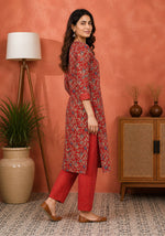 Red Floral Cotton Kurta Set for Women | Straight Kurta Pant Set