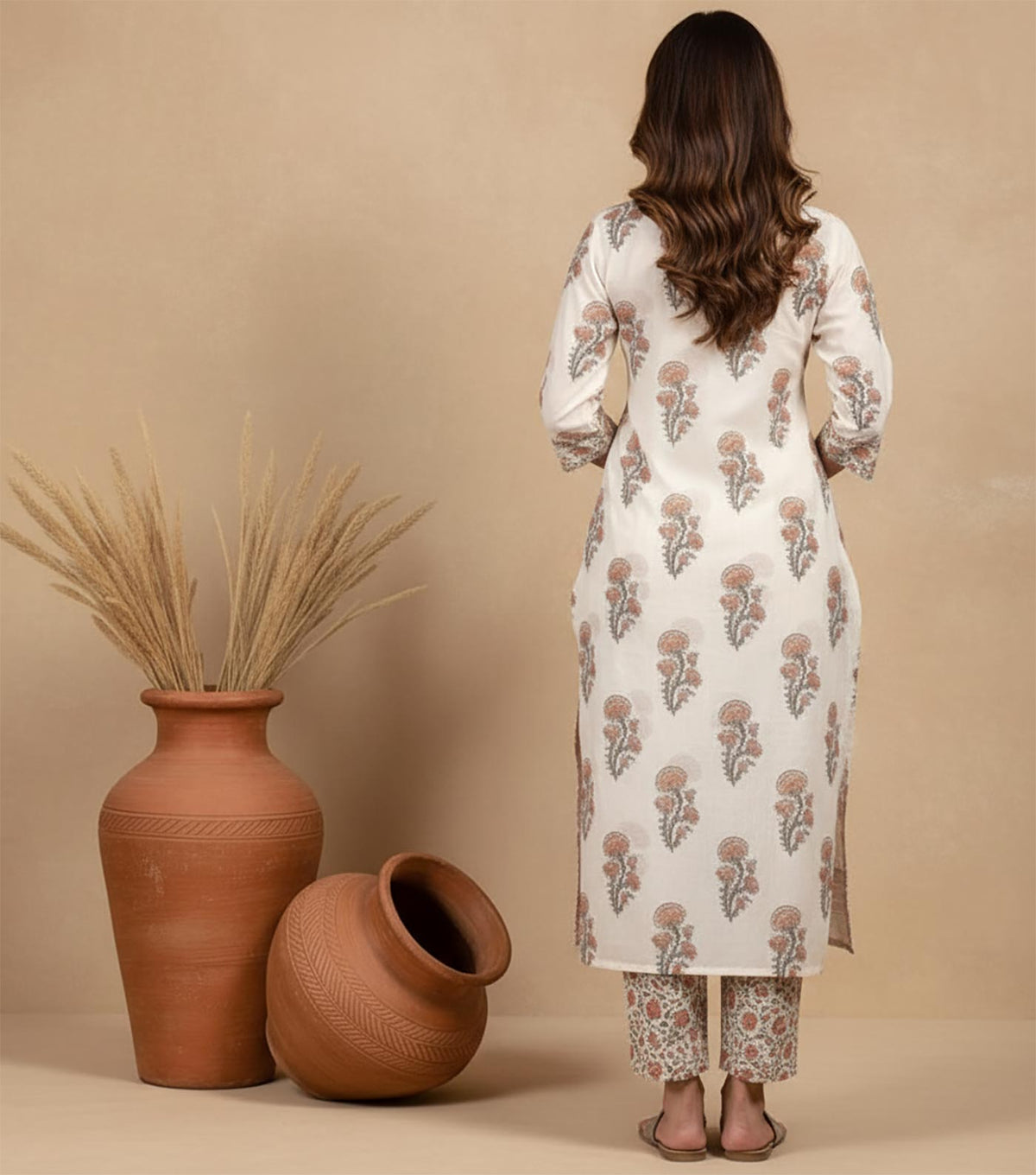 Ivory floral printed kurta with straight fit and three-quarter sleeves, matching printed pants, back view with silver sandals.