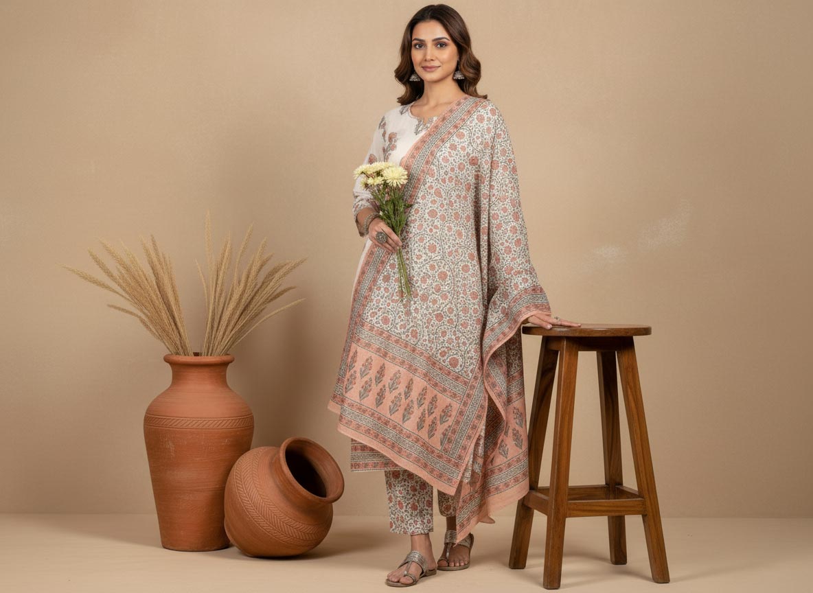 Ivory floral printed kurta set with peach dupatta, straight fit, three-quarter sleeves, styled with silver sandals, front walking view.