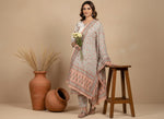 Ivory floral printed kurta set with peach dupatta, straight fit, three-quarter sleeves, styled with silver sandals, front walking view.