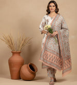 Ivory cotton floral kurta set with straight silhouette, printed pants and peach dupatta, three-quarter sleeves, front full view.