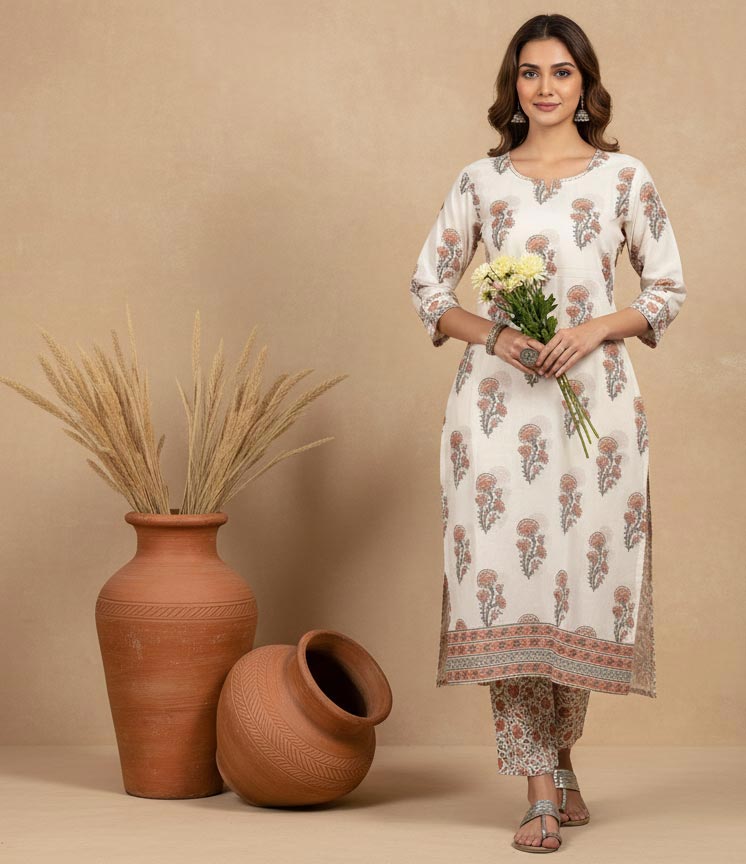 Ivory cotton floral kurta set with straight silhouette, printed pants and peach dupatta, three-quarter sleeves, front full view.