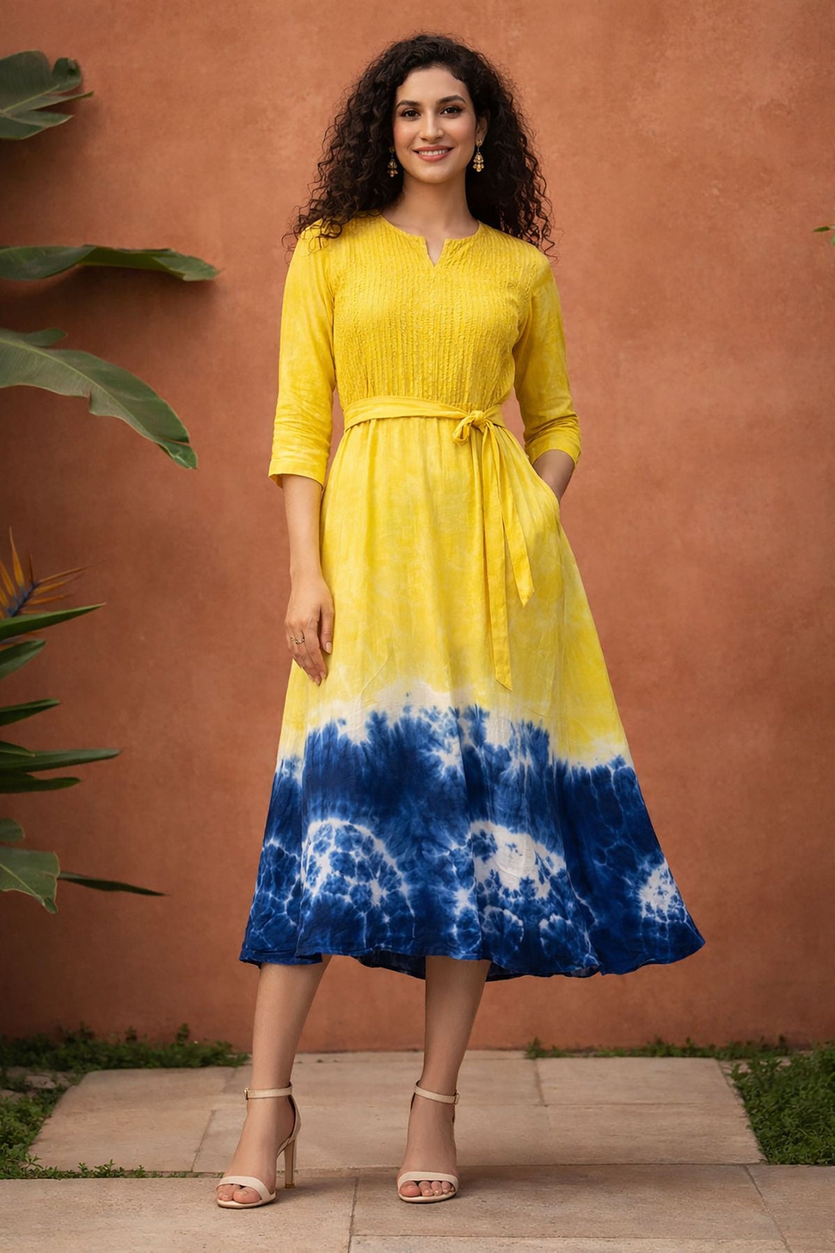 Yellow and blue tie-dye cotton midi dress with waist belt and three-quarter sleeves