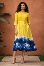 Yellow and blue tie-dye cotton midi dress with waist belt and three-quarter sleeves