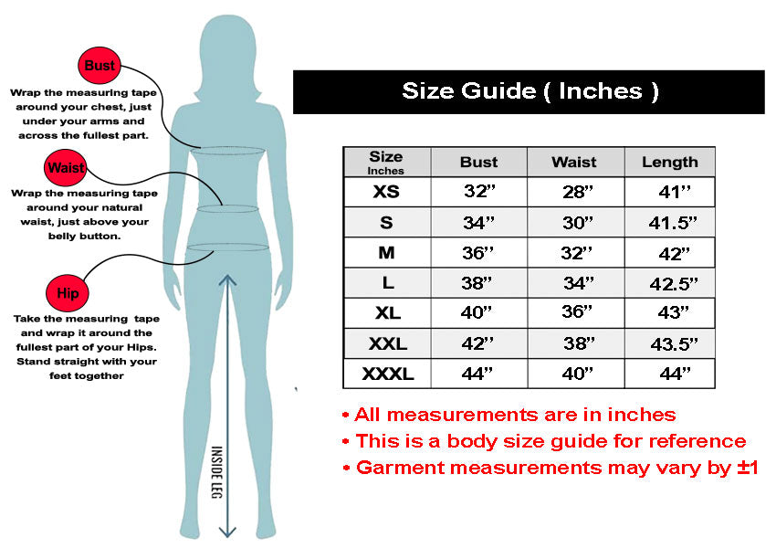 SN18 Dress size guide with measurements for bust, waist, hip, and shoulder on a white background