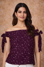 Maroon Off Shoulder Top for Women | Tie-Up Crop Top