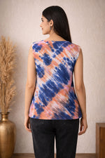 Women’s Sleeveless Tie-Dye V-Neck Top (Orange & Navy) – Casual Everyday Wear