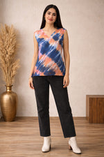 Women’s Sleeveless Tie-Dye V-Neck Top (Orange & Navy) – Casual Everyday Wear