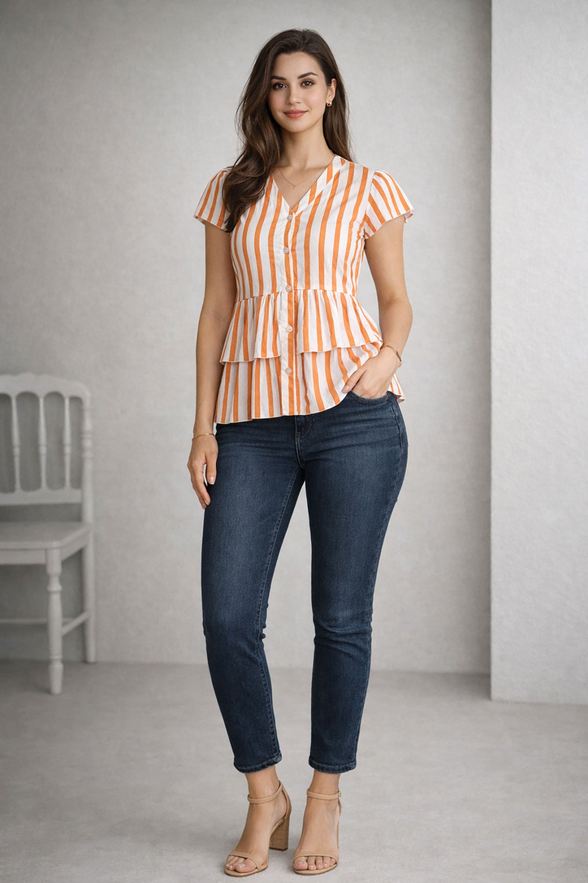 Woman wearing a striped top and blue jeans standing against a plain background
