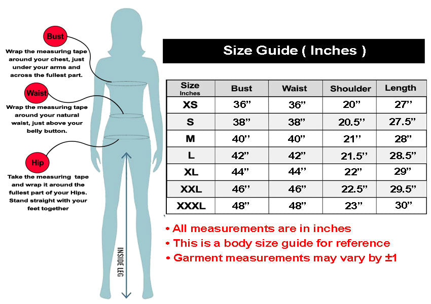SN73 size guide with measurements for bust, waist, hip, and shoulder on a white background