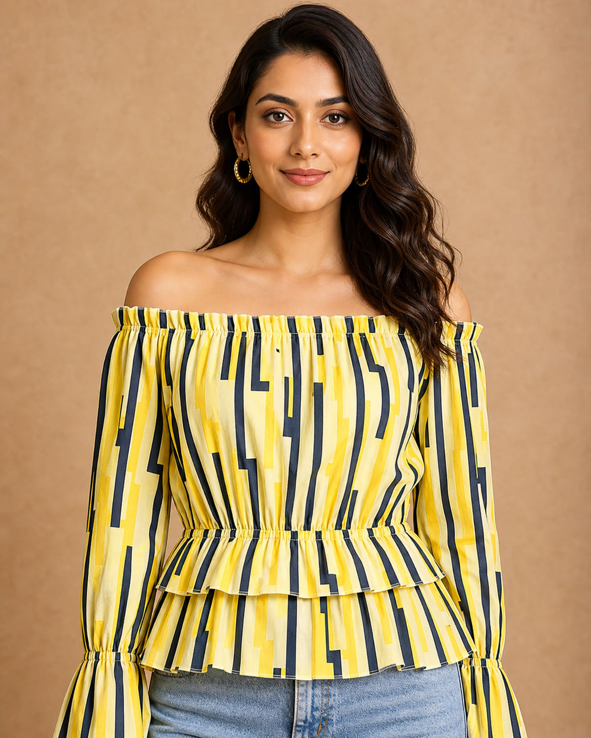 Yellow Off-Shoulder Geometric Peplum Top for Women