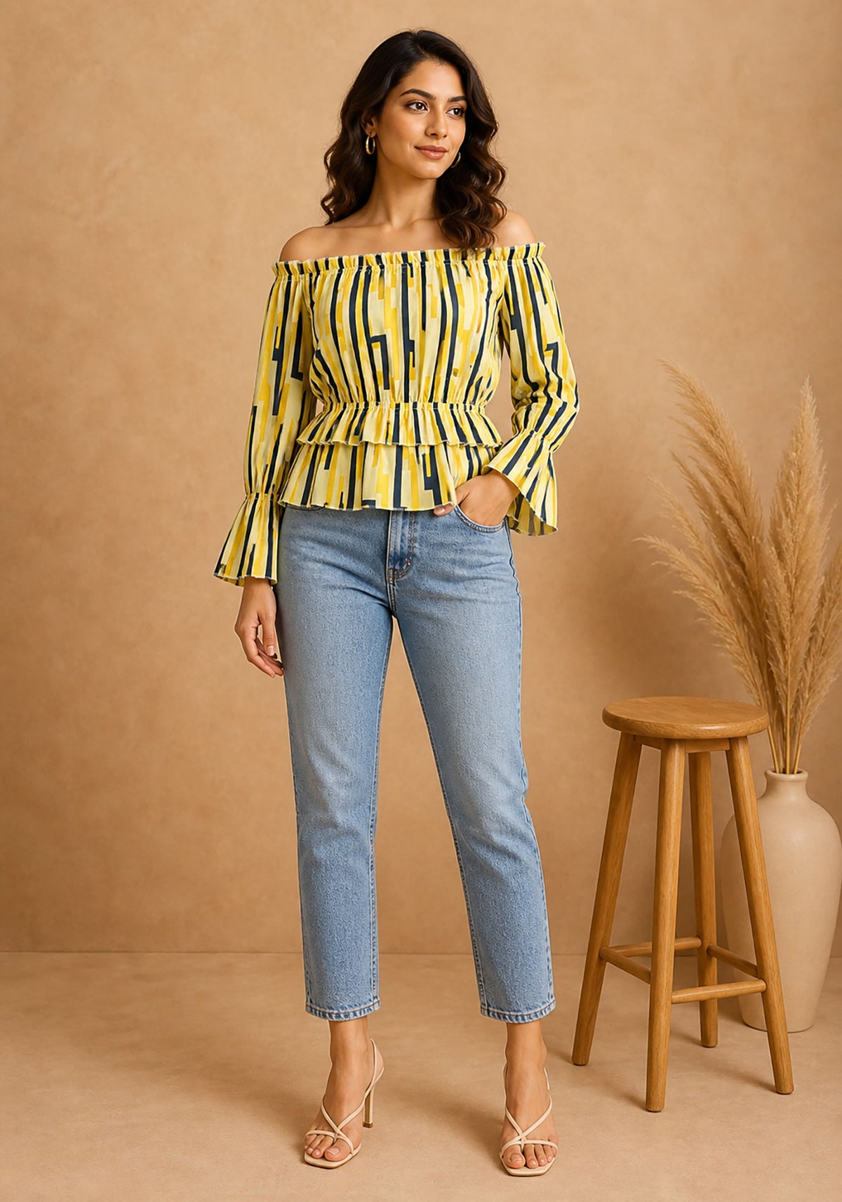 Yellow Off-Shoulder Geometric Peplum Top for Women