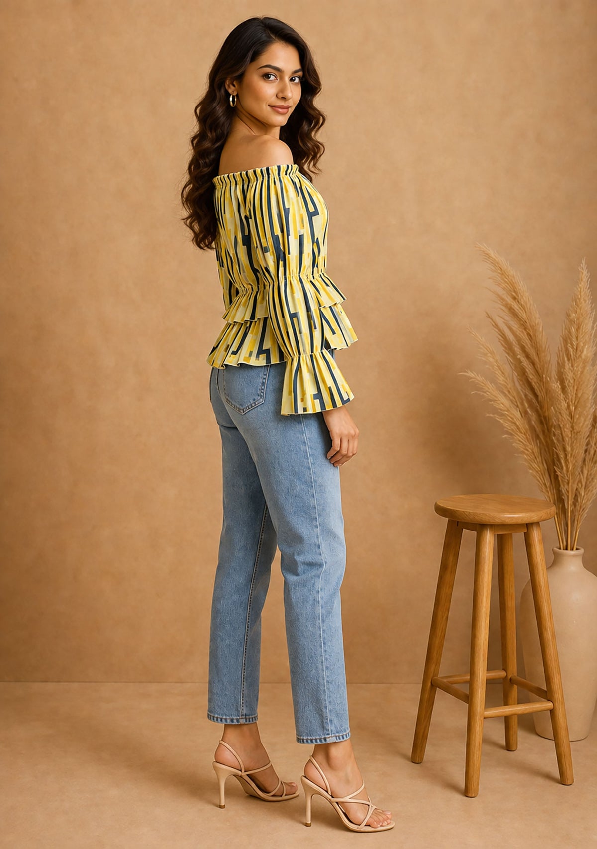 Yellow Off-Shoulder Geometric Peplum Top for Women