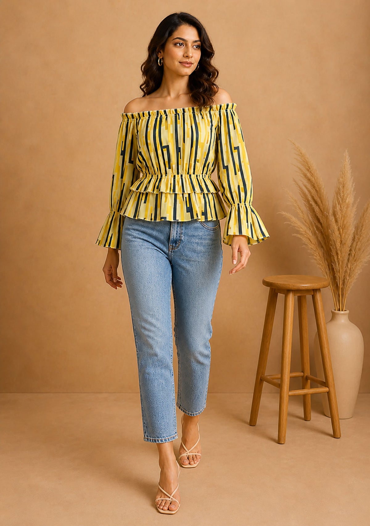 Yellow Off-Shoulder Geometric Peplum Top for Women