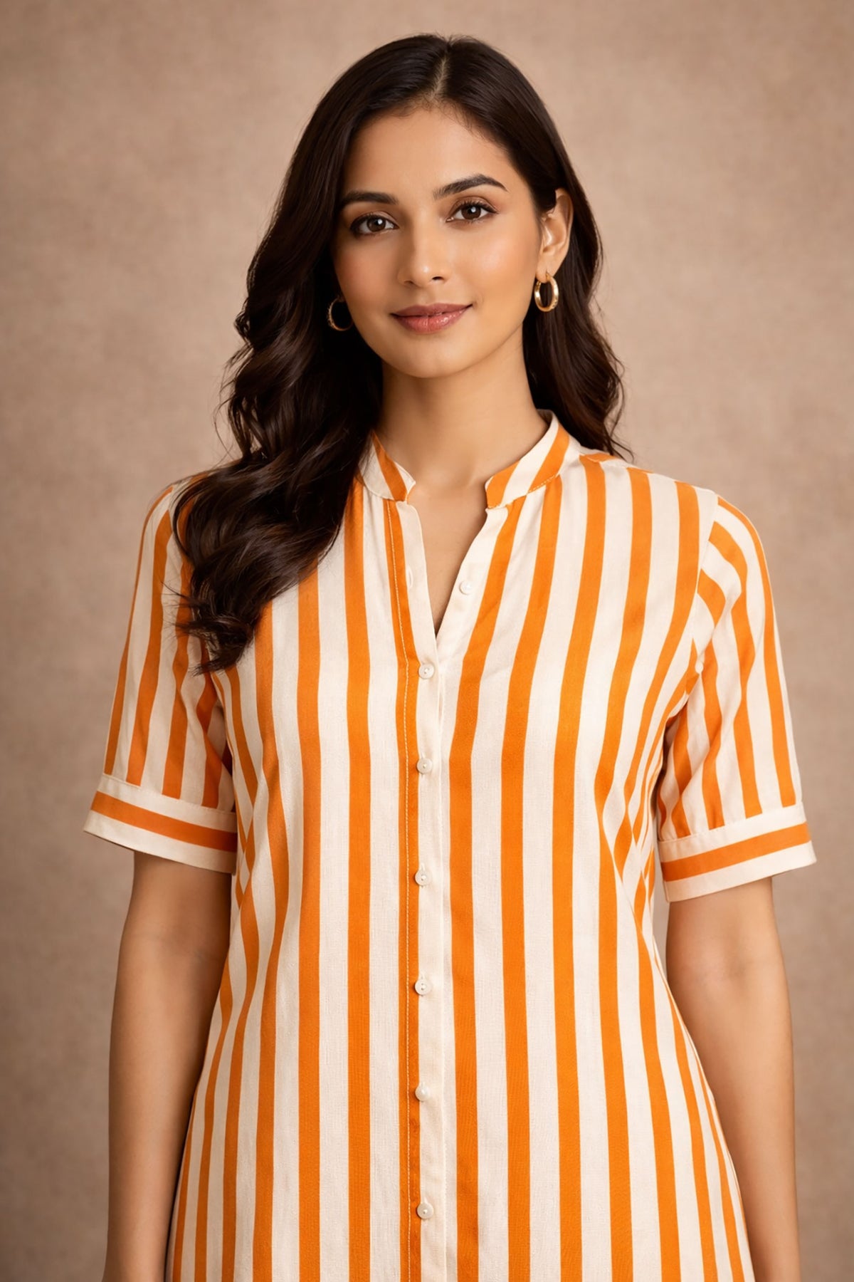 Orange & White Stripe Shirt Dress for Women | Knee Length Casual Kurti | Crazy Sparkles