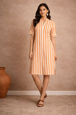 Orange & White Stripe Shirt Dress for Women | Knee Length Casual Kurti | Crazy Sparkles