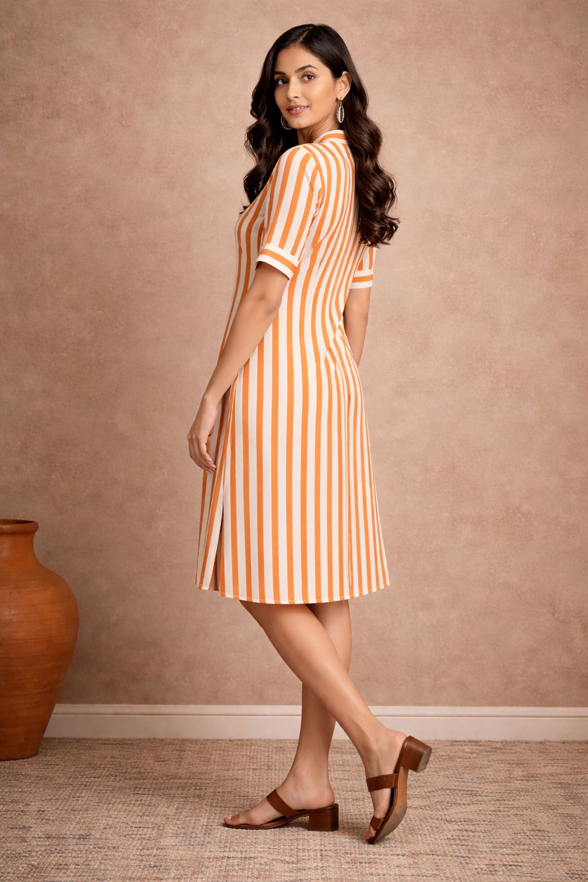 Orange & White Stripe Shirt Dress for Women | Knee Length Casual Kurti | Crazy Sparkles