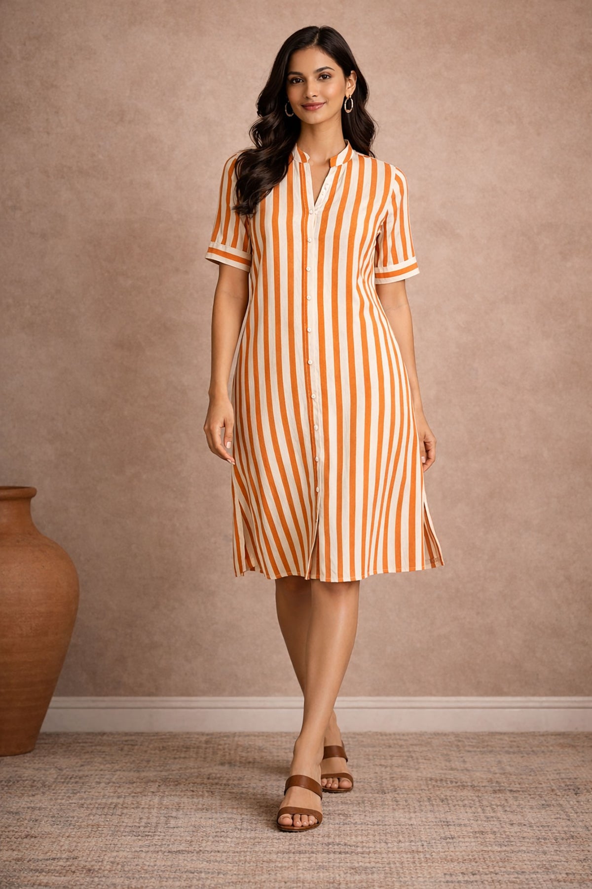 Orange & White Stripe Shirt Dress for Women | Knee Length Casual Kurti | Crazy Sparkles