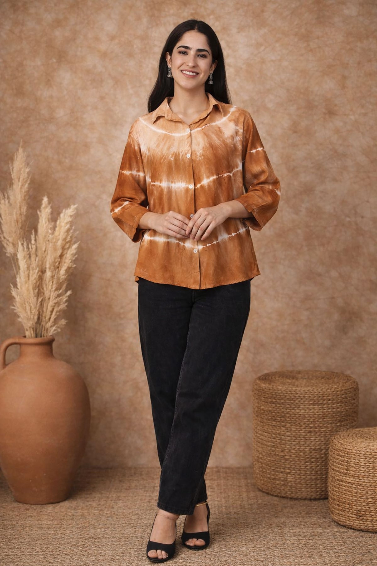 Brown Tie-Dye Cotton Shirt for Women – Relaxed Fit