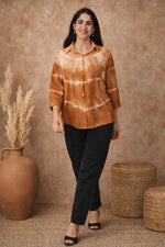 Brown Tie-Dye Cotton Shirt for Women – Relaxed Fit