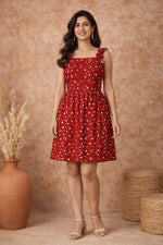 Red Floral Mini Dress for Women – Square Neck Summer Dress