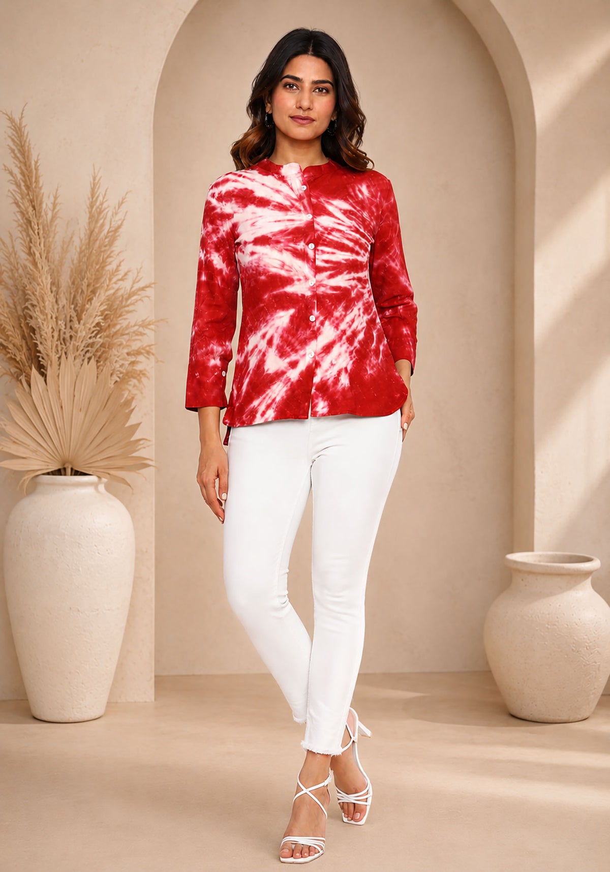 Women Red & White Tie-Dye Cotton Shirt – Casual & Workwear Top