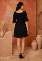 Black Fit & Flare Mini Dress with Square Neck & Belt